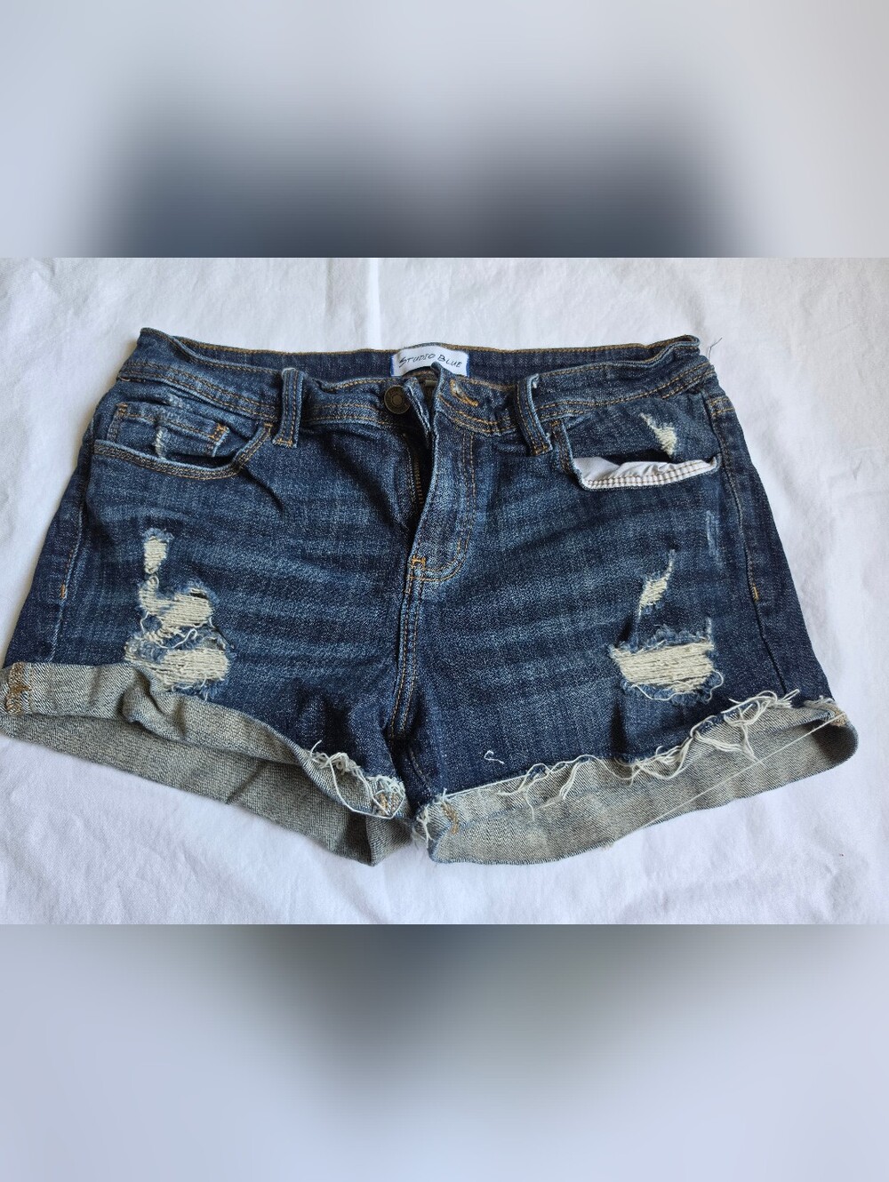 Dark Blue Distressed Denim Cuffed Jean Shorts Studio Blue Sz 29